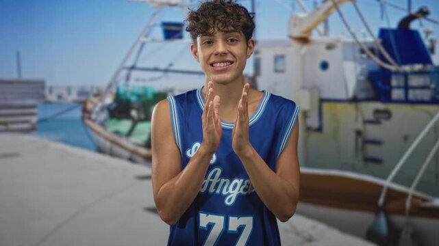 Teenage boy claps hands wearing blue basketball jersey number 77 in studio marina backdrop, smiling and facing camera; playful excitement.