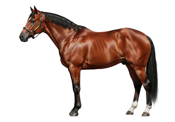 Fototapeta premium A majestic brown horse with a shiny coat stands against a black background
