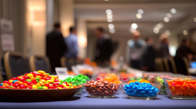Candy Buffet Delight: A colorful array of assorted candies and treats in transparent containers on the table, inviting indulgence and visual appeal.