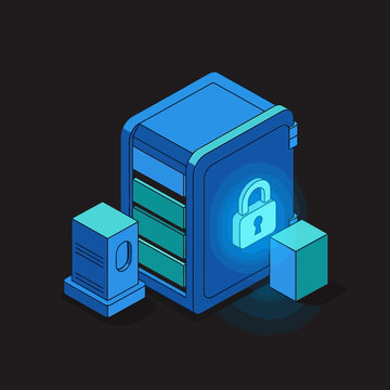 Isometric illustration of a secure server with a padlock, representing data protection.