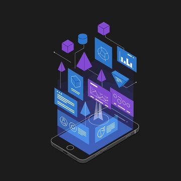 Isometric illustration of a smartphone displaying augmented reality data visualizations and digital interfaces.