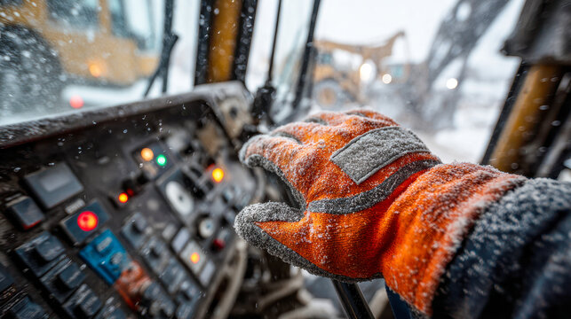 Worker wearing frosted orange protective gloves operating heavy machinery controls in a snowy outdoor industrial environment during winter conditions