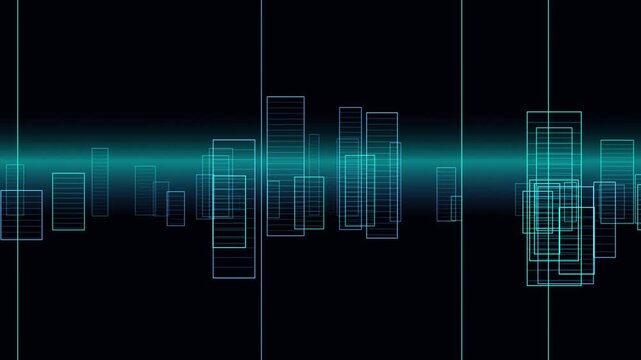High quality, seamless looping motion background featuring flying through a retro 3D wireframe cyberpunk city. Perfect for EDM visuals, VJ loops, futuristic presentations, sci-fi scenes