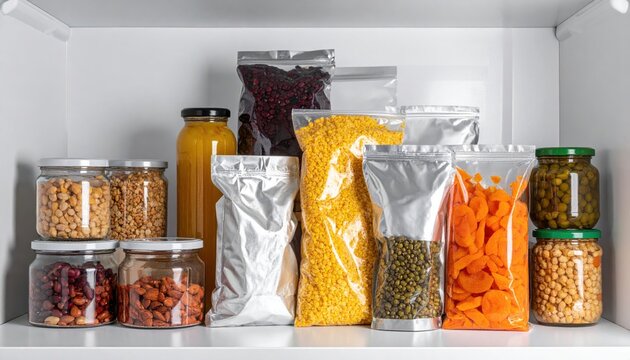 Assorted Long-Term Food Rations in Foil Pouches and Durable Containers Stocked on a Shelf