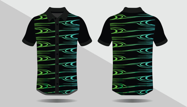 Black polo shirt with green pattern.