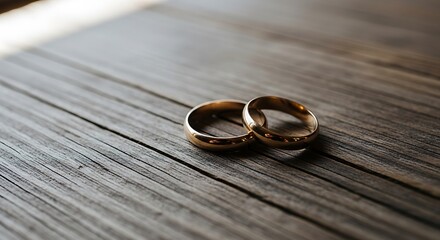 Two golden wedding rings resting on weathered wooden planks, bathed in soft light
