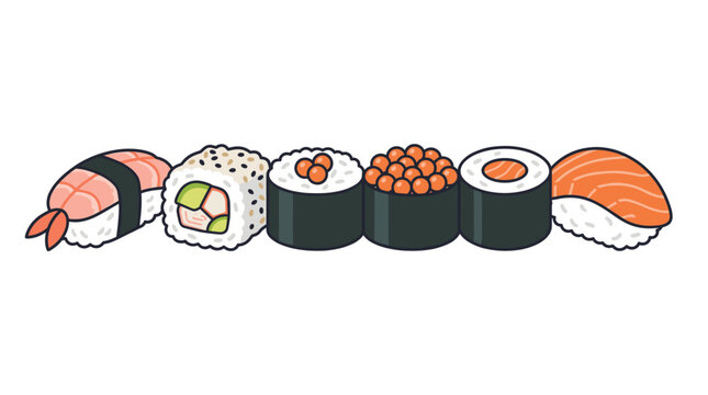 Colorful vector illustration of fresh assorted sushi and maki rolls, including shrimp, salmon, and roe. Ideal for food blogs, restaurant menus, packaging, or culinary designs.