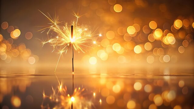 A single burning sparkler reflects in still water, surrounded by a bokeh of warm golden lights creating a magical and festive ambiance