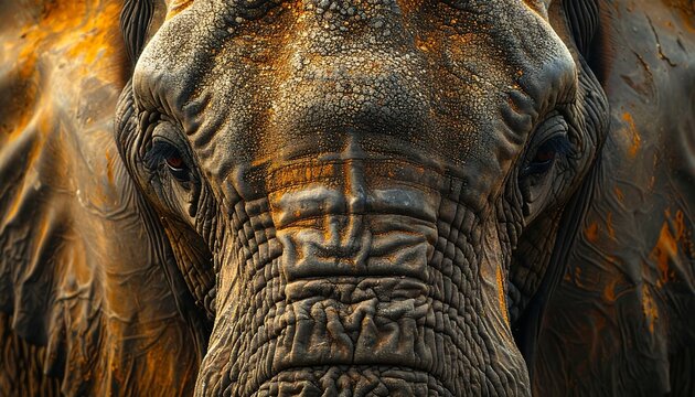 A close-up portrait of an elephant's face, displaying texture, wrinkles, eyes, and amber tones. The perspective offers an immersive view