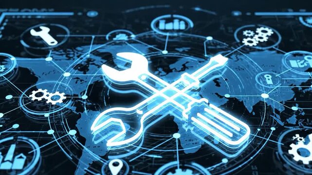 Digital illustration of wrench and spanner on global map