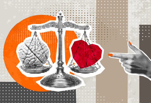 Trendy half tone collage. Emotion and intelligence balance, mind, feeling, choice, justice and mercy concept. Modern drawing of Brain and heart on scales in equilibrium.