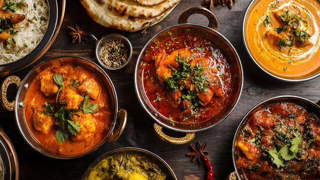  Selection of Indian curries on stainless steel serving dishes