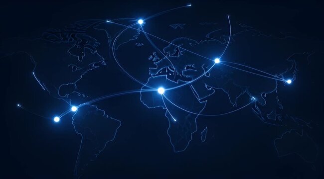 Stylized world map with glowing nodes and network connections in blue tones