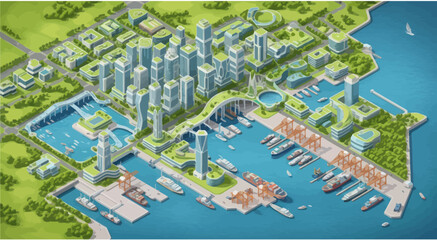 Fototapeta premium Modern Eco-Friendly Cityscape with Green Rooftops and Waterfront Harbor