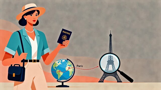 Woman with passport globe and eiffel tower