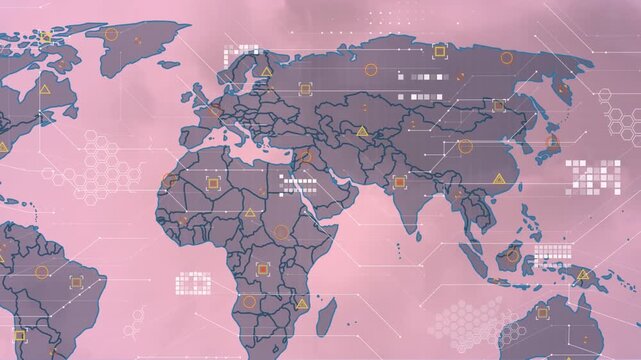 Digital animation of world map with symbols and hexagonal shapes on abstract background