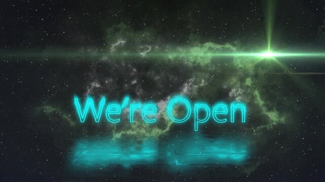 Animation of we re open over light and night sky