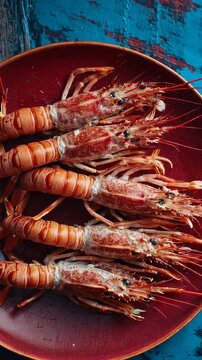 Fresh langoustines on a red plate over a textured blue wooden background