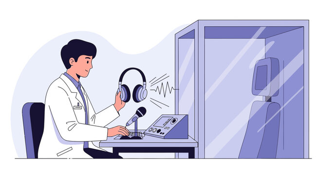 Audiologist performing hearing test with patient in soundproof booth