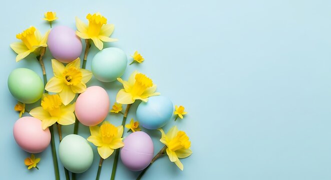 Pastel easter eggs and daffodils on light blue background