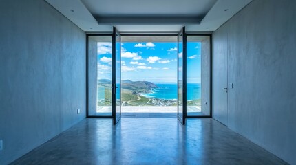 Fototapeta premium Modern luxury villa with open doors to stunning ocean and coastal view