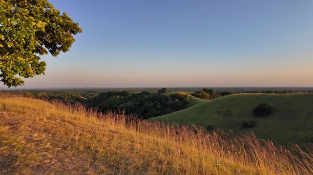 Tranquil sunny summer landscape with green fields and hills in south-eastern Europe, Serbia.