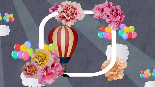 Animation of flowers on frame, flying hot air balloon, clouds, multicolored balloons with sun rays
