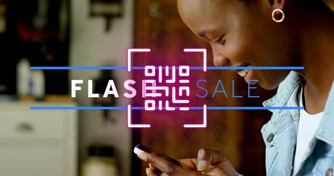 Animation of flash sale text and qr code over african american woman using smartphone