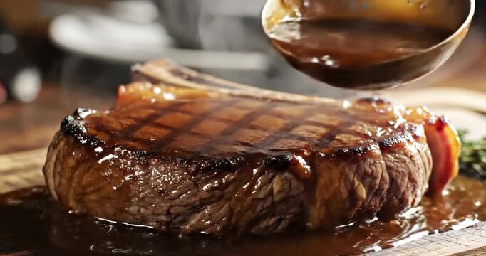 Grilled steak with savory brown sauce.