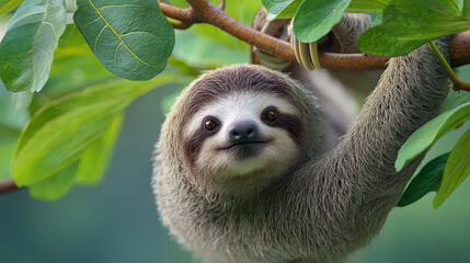 Fototapeta premium A sloth hangs from a tree branch looking directly at the camera