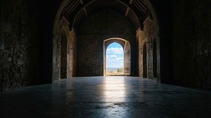 Fototapeta premium Ancient stone building interior with arched doorway opening to bright sunny landscape