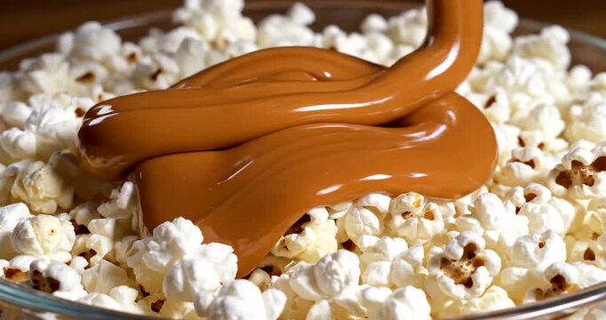 Caramel sauce poured on popcorn.