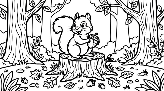 Cute smiling squirrel holding acorn sitting on tree stump surrounded by fallen leaves in forest black and white line art