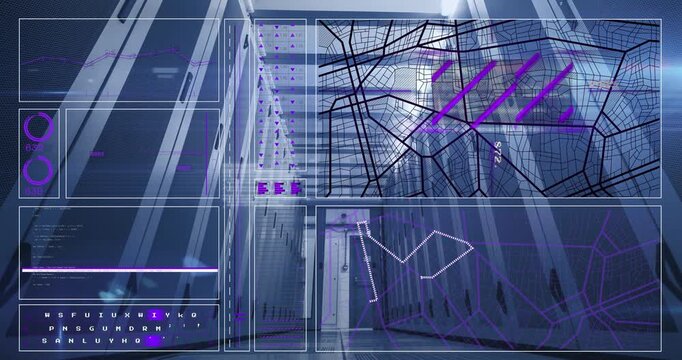 Animation of blue arrow with moving upwards over data processing on blue background