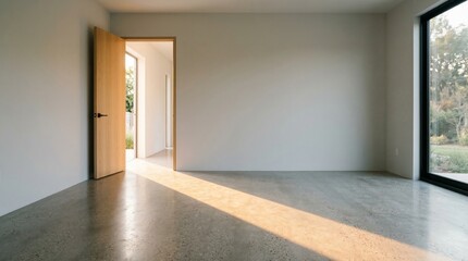 Obraz premium Modern empty room with polished concrete floor and open wooden door, bathed in sunlight.