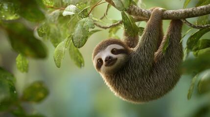 Fototapeta premium A slow-moving sloth hangs upside down from a tree branch