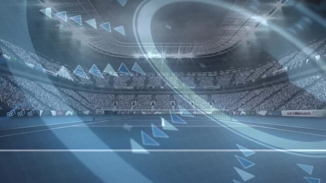Animation of circuit board and data processing over sports stadium
