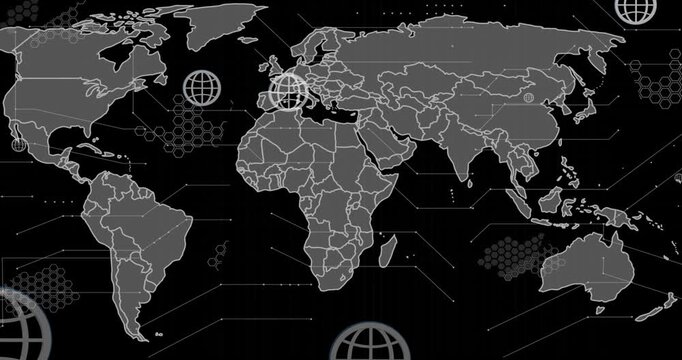 Animation of globe icons over world map on black background