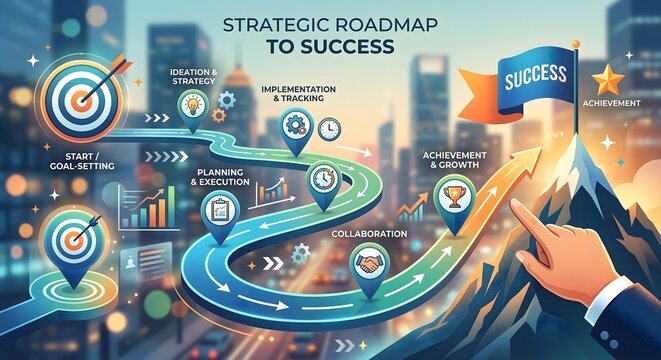 Vibrant illustration of strategic roadmap to success featuring timeline path with business icons icons targets mountains and achievement symbols for planning project management and growth vision
