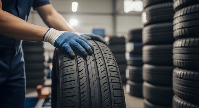 Mechanic wearing blue gloves carefully inspecting car tire in auto service workshop with many tires stacked in background, professional automotive expert performing routine maintenance