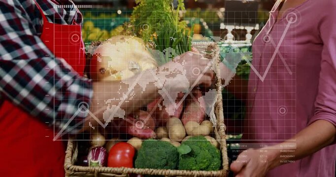 Vendor offering basket, shifting veg at market for customer picking, world map overlay over basket