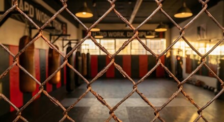Close up view of rusted chain link fence in a boxing gym, providing a gritty, authentic atmosphere with punching bags and training area in soft focus background