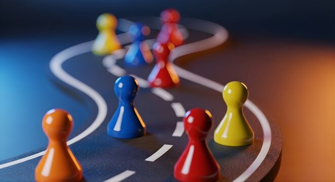 Colorful board game pieces arranged on a winding road path, symbolizing strategy, competition, and progression towards a goal in a playful setting with warm lighting