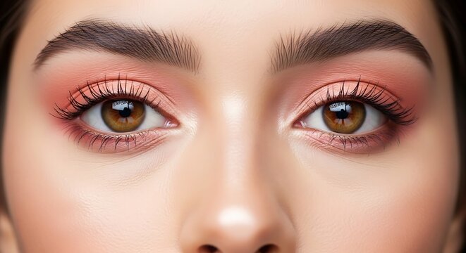 Woman's brown eyes with pink eyeshadow and long eyelashes