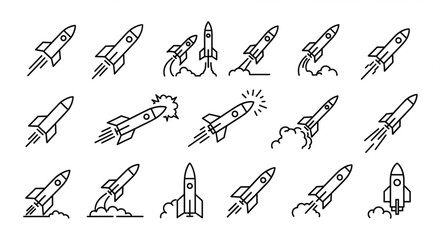 Collection of rocket ship icons in various launch and flight poses. © Kiki
