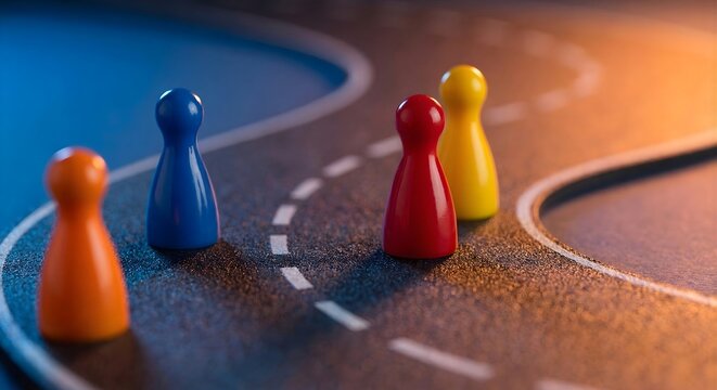 Miniature figures on asphalt road showing strategic movement and competition concepts through colorful board game pawns arranged on curved highway path under dramatic lighting for business metaphors