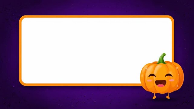 A cute cartoon pumpkin with a happy face stands next to a blank golden-bordered white rectangle on a purple background, perfect for Halloween messages.