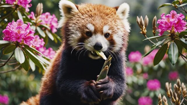 Red Panda Eating Bamboo Amidst Pink Rhododendron Flowers