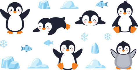 Obraz premium Cute Penguin Cartoon Character Collection Featuring Standing, Sliding, Sitting Penguins with Ice, Snowflakes, and Fish Arctic Wildlife Kids Vector Illustration Set