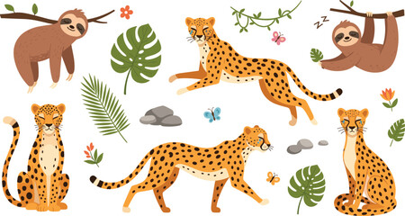 Fototapeta premium Cute Jungle Wildlife Animal Collection Featuring Sloths and Cheetahs with Tropical Leaves, Branches, Flowers, and Forest Nature Cartoon Vector Illustration Set